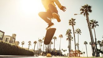 A skateboarder performing a jump