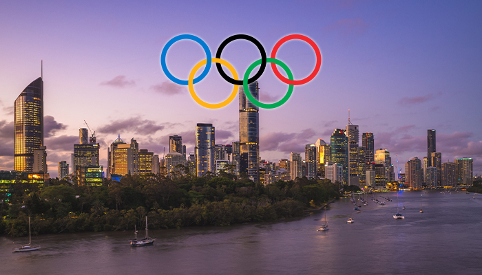 Olympic rings over Brisbane skyline