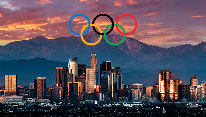 Olympic rings over the LA skyline