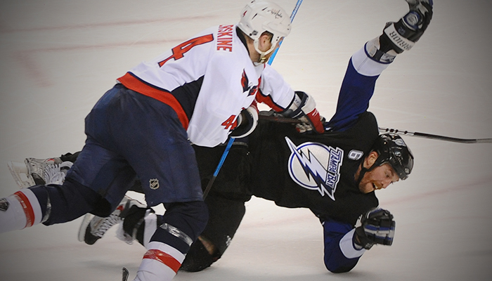 ​John Erskine and Ryan Malone fighting in 2010​