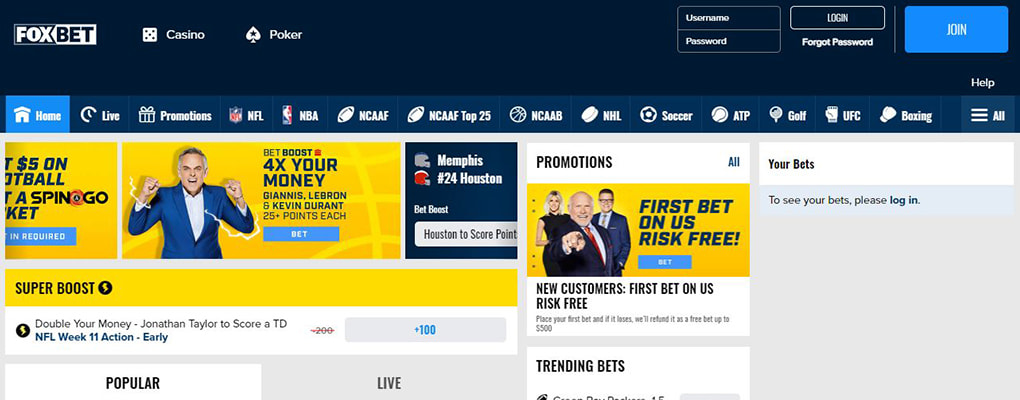 Main betting screen of FOX Bet