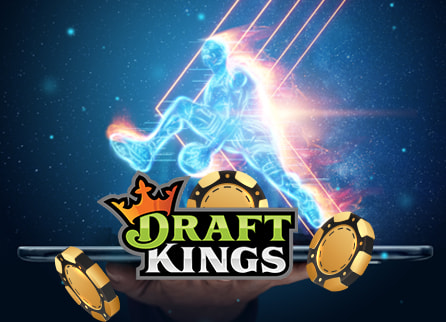 DraftKings logo with stylized, neon-lit basketball player in background