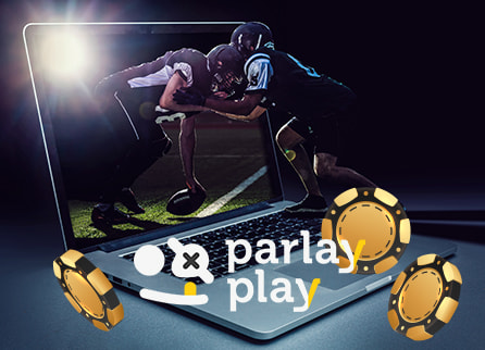 ParlayPlay logo in front of laptop with two football players competing