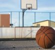 A basketball on a basketball court