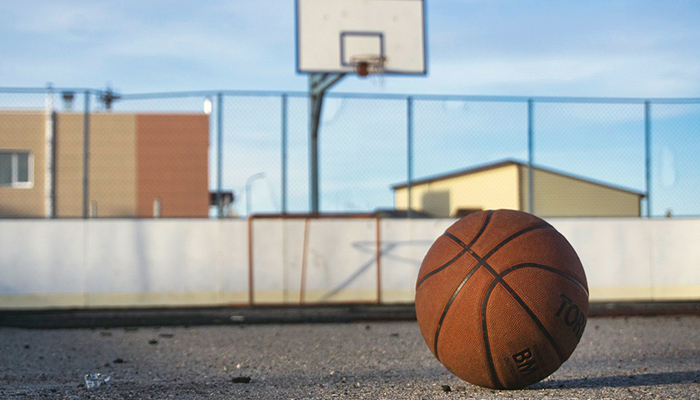 A basketball on a basketball court