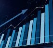 Stock market financial chart with an upward trend arrow on a blue background.