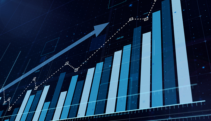 Stock market financial chart with an upward trend arrow on a blue background.