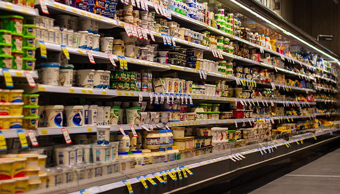 Supermarket shelving dairy products